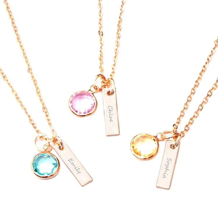 18 inches Personalized Pendant Necklace in Stainless Steel 12 Colors Birthstone Charm and Bar Pendant with Name or Saying