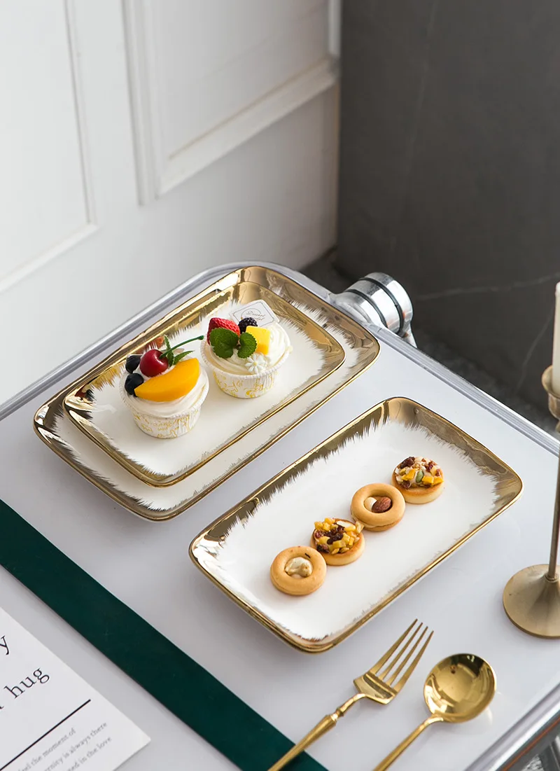 High Quality White Dinnerware sets Porcelain Luxury Ceramic Tableware Hotel Square  Gilded Plates Restaurant