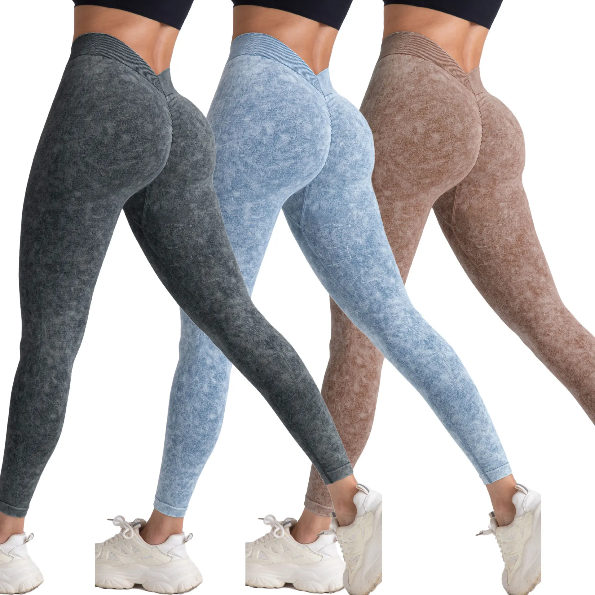 Custom Logo V Back Acid Wash Yoga Leggings Gym Fitness Wear Push Up Sport Leggings Sportswear Workout Running Yoga Pants Tights