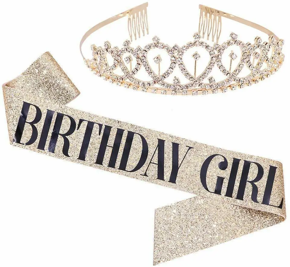 Rose Gold Princess Happy Birthday Crown 21st 30th 40th 50th Birthday Girl Birthday Sash and Crown Kit Party Decoration