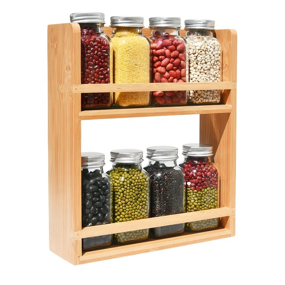Wood Spice Display Rack And 8 Jars Free Standing Masala Jar Seasoning Organizer 2 Tiers Bamboo Shelf For Kitchen