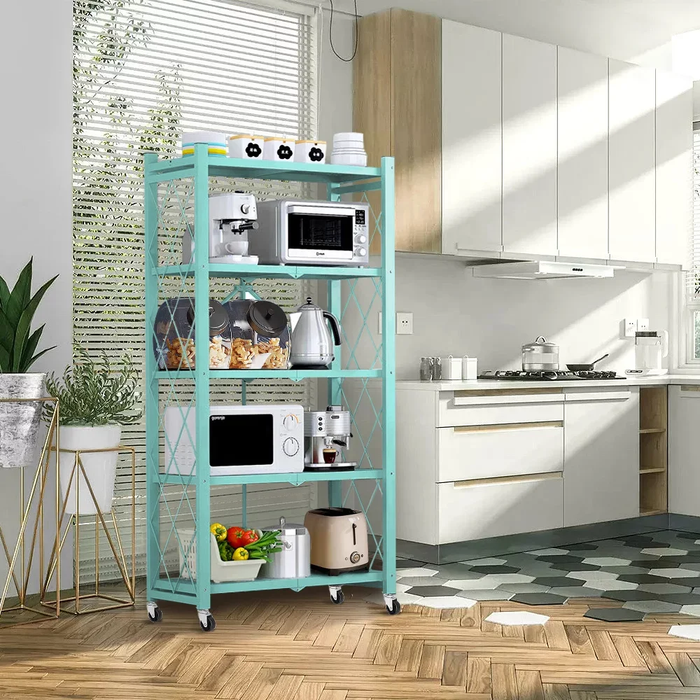 Multi-Layer Heavy Duty Shelf Adjustable Folding Home Rack Shelf Iron Folding Rack With 4 Rolling Casters For Living Room