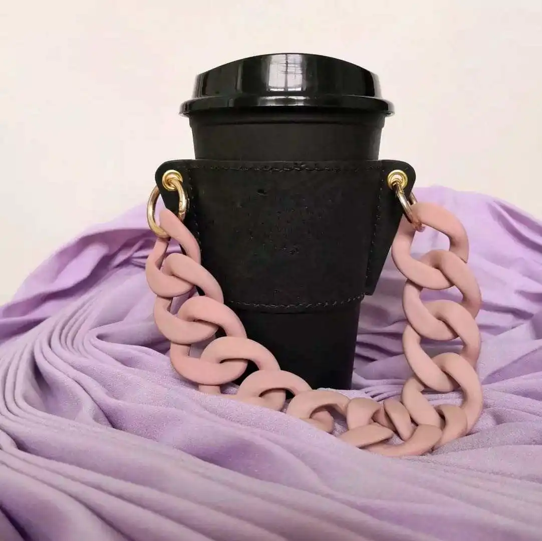 Reusable Coffee Cup Holder Leather Handle Cup Cover with Colorful Chain Portable Cup Sleeve with Amber Chain