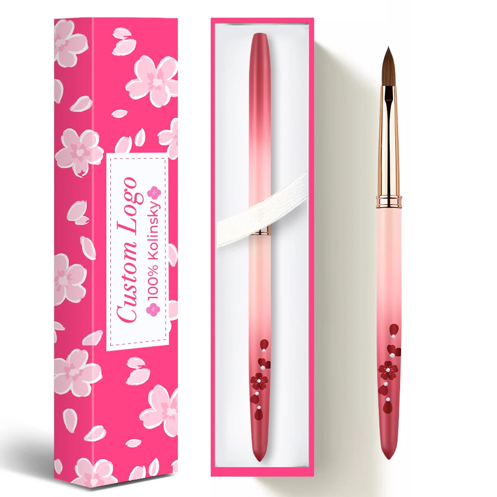 TANI Red/Pink Handle Acrylic Nail Brush Oval Hair Crimped Brush Pure 100% Kolinsky Nail Brushes With Size 8/10/12/14/16/18