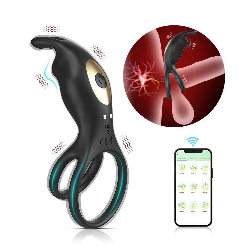 Adult Rogue Rabbit APP Remote Control Vibration Double Delay Silicone Lock Essence Ring Couple Products 15
