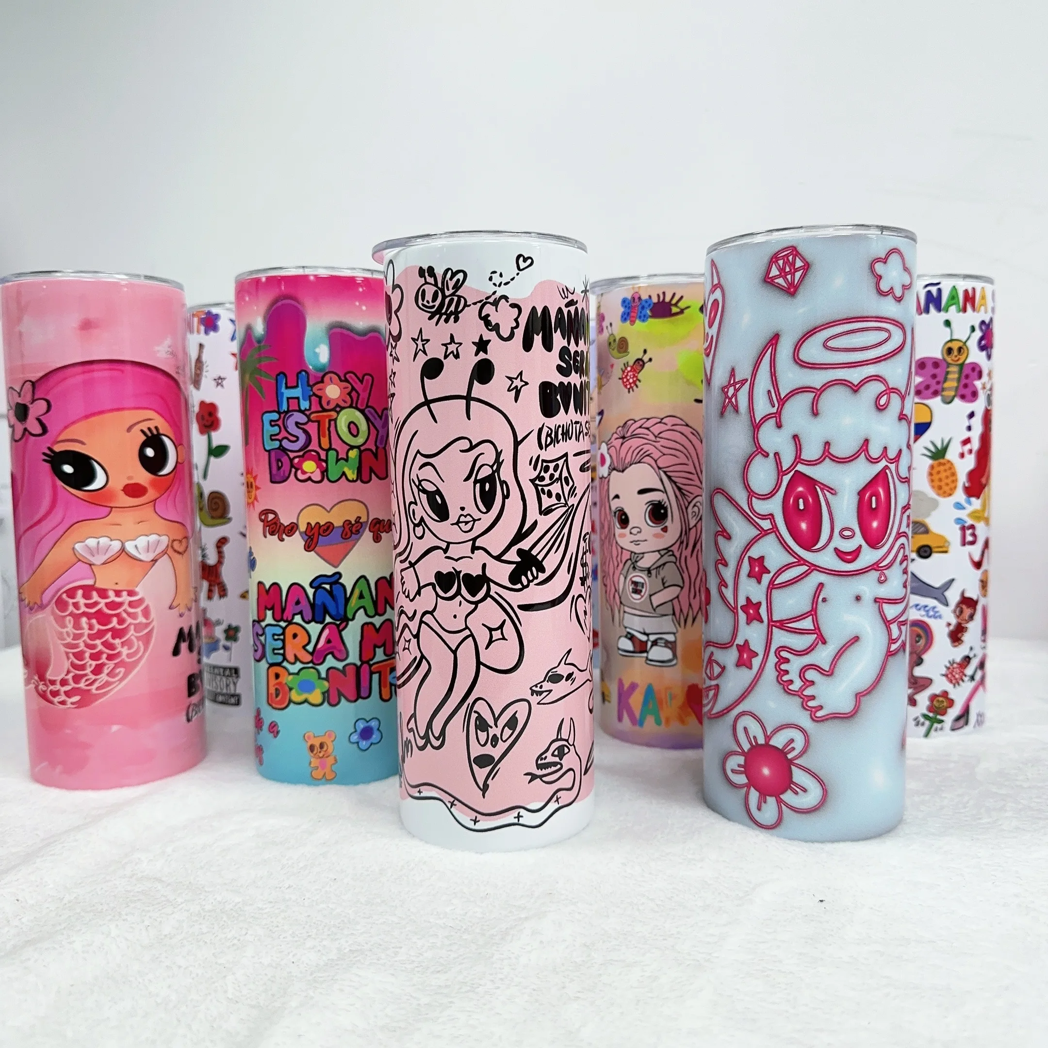 new arrival custom cute cartoon pink Karol g album designer 20oz skinny insulated coffee cups tumbler with lid and straw