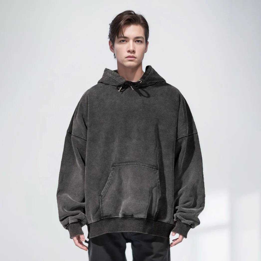 INFLATION Acid Washed Hoodie Men Custom Logo Printed OEM Black Oversized Men Sweatshirt Hoodie