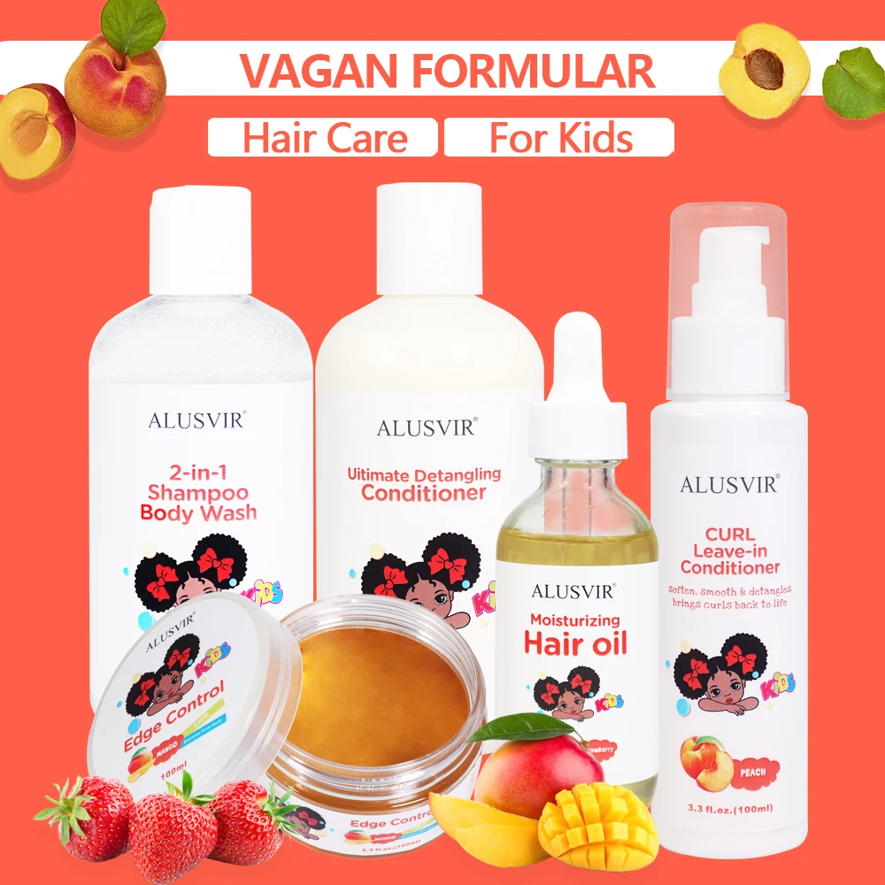 Kids Hair Care Kit Natural Fruit Perfumed Hair Oil Shampoo And Wash 2 In 1 Leave In Conditioner Edge Control Set Private Label