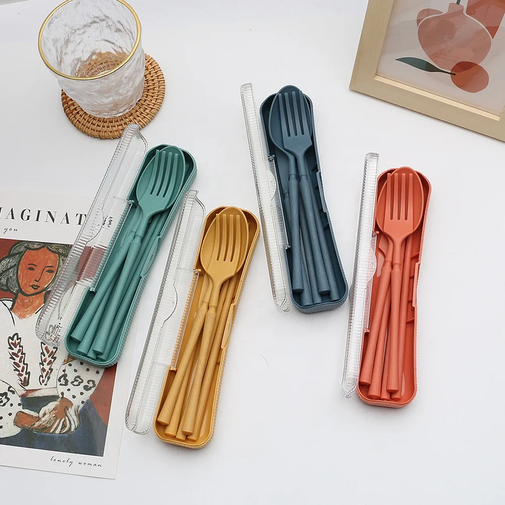 Vertical Wheat Straw Tableware Set Knife Fork Spoon Chopsticks Four-piece Student Outdoor Portable Tableware