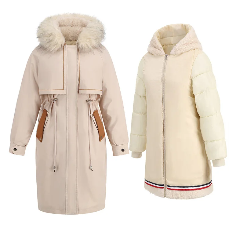 Winter warm zipper wool collared drawstring casual lady long jacket solid hooded velvet coats women
