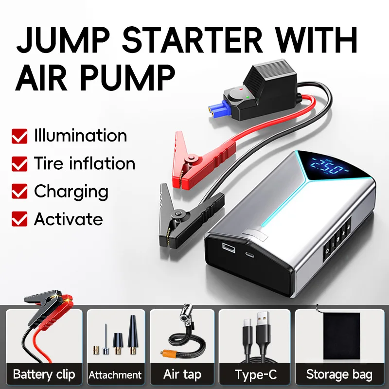 2024 Car Battery Charger 1000A Jump Starter & Tire Inflator Pump, Up to 4L Gas&2.5L Diesel