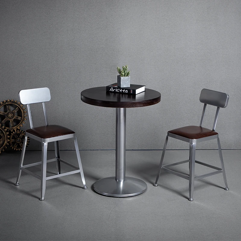 Metal Solid Wood Back High Bar Chairs Industry Style Bar Table And Chair Silver Metal Bat Set