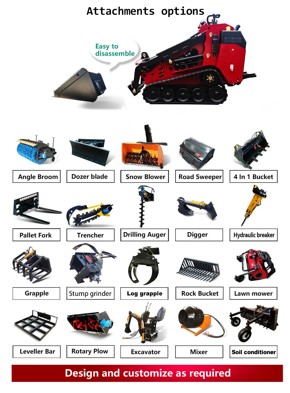 Vmeng factory 600kgs lifting capacity diesel track mini skid steer loader with mixer attachment