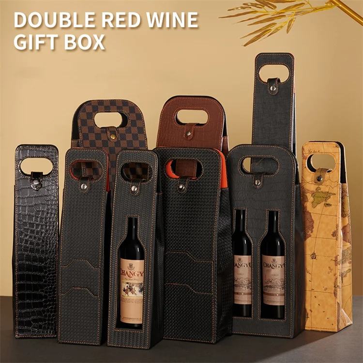 Custom LOGO Luxury Single Double PU Leather Wine Bottle Gift Packaging Bag Wine Tote Bag