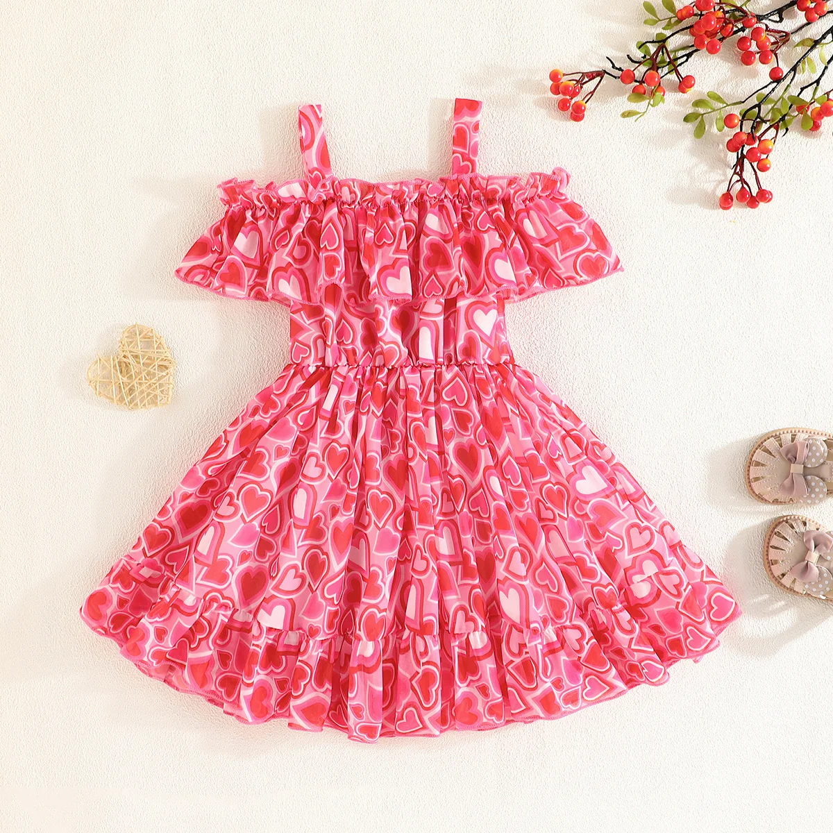 2024 Summer Girls Valentines Day Clothes Off Shoulder Love Heart Pattern Toddler Chiffon Casual Dress Wholesale Kids Dresses