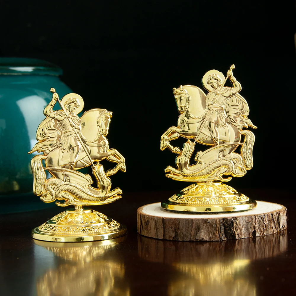 HT Orthodox Myth George Killing Snake Icon Gold Plated Religion Gift Box Church Home Table Stand Religion Statue