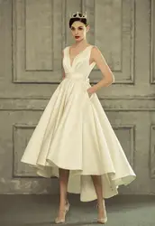 #10018 Satin High-Low Deep V-Neck Open Back Sleeveless Bowtie Wedding Gowns Birde Dress Vestido de novia Wedding Dress