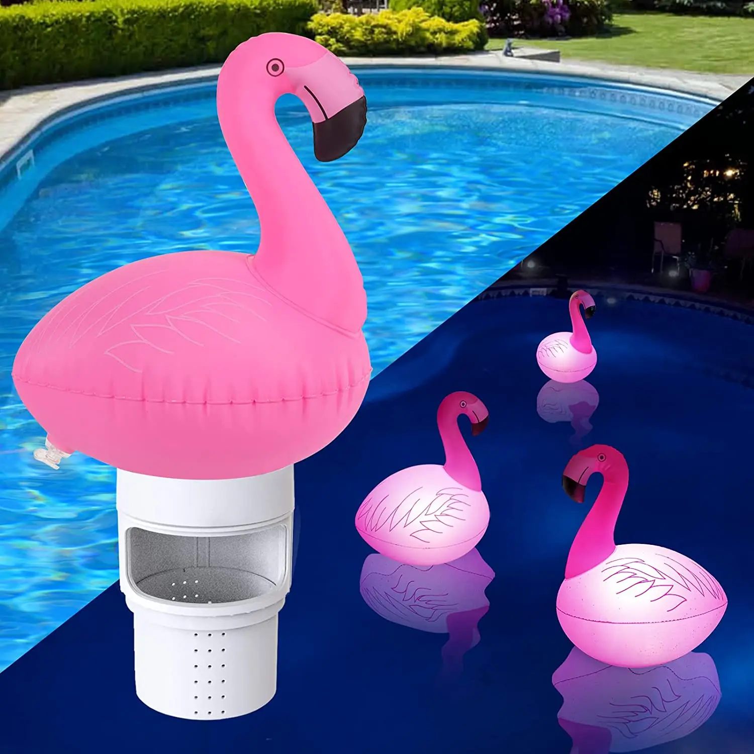 Pool Chlorinator with Solar Flamingo Light Inflatable Flamingo Floating Pool Chlorine Dispenser Fits 4x3' Chlorine Tabs