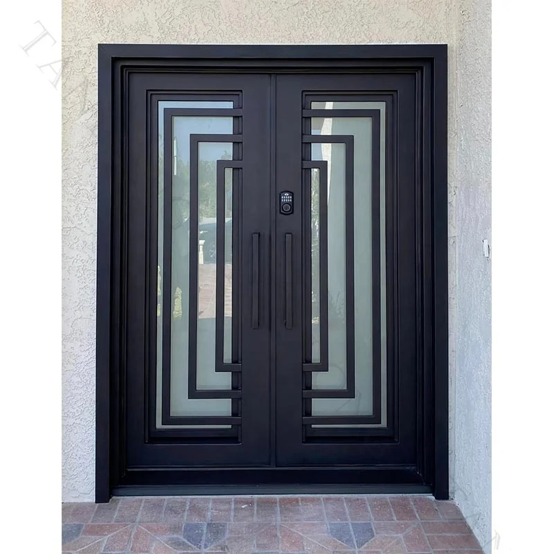 Wrought Iron Modern Door Decorative Iron Double Front Door Finished With Glass For House