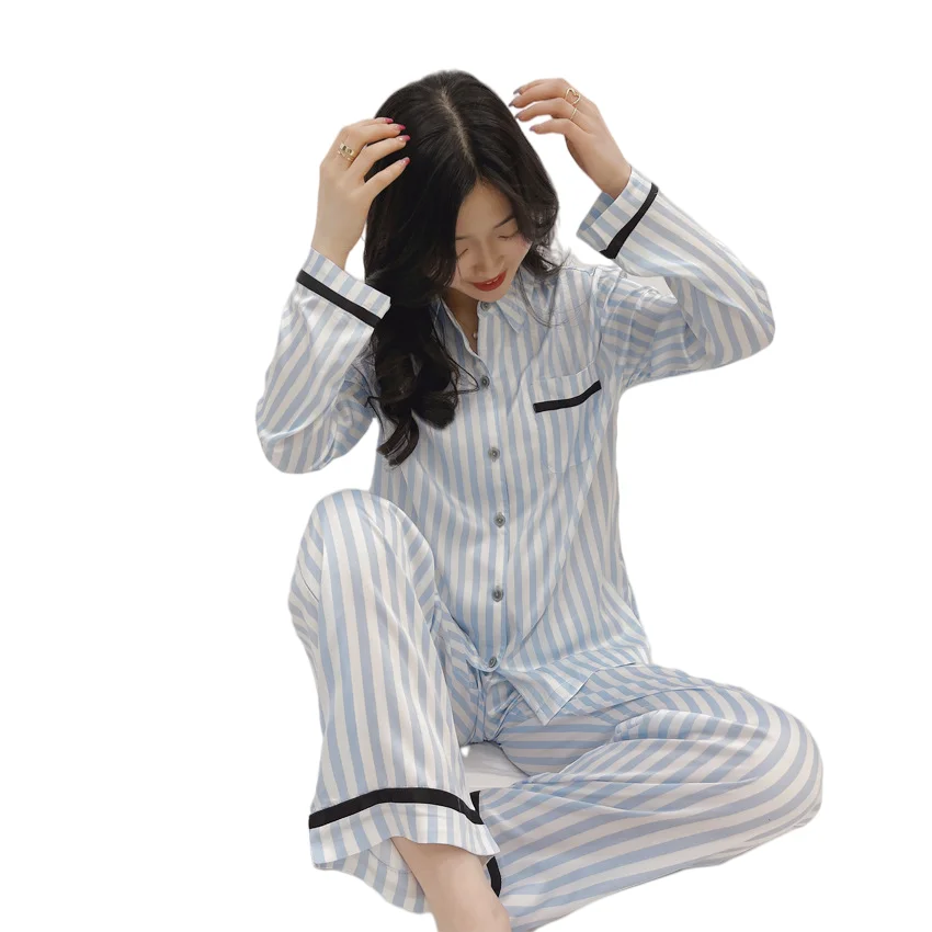 Fall Satin Two Piece Long Sleeve Sexy Pajamas For Women Set Oem Sleepwear Stripe Nightwear Women Pajamas Set