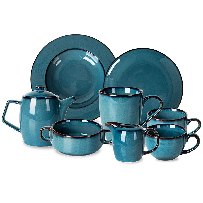 Hot Sale Stock Restaurant Hotel Round Tableware Ceramic Porcelain Blue Dinnerware Set