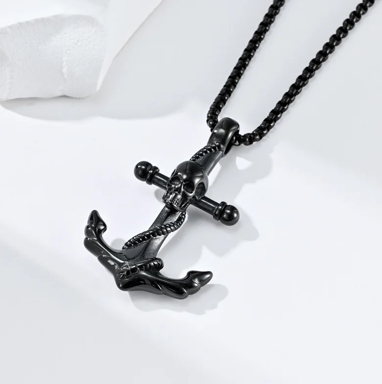 Vintage Stainless Steel Skeleton Anchor Pendant Jewelry Necklace Hip Hop Custom Plated 18k Gold Steel Black Pendant Necklace Men