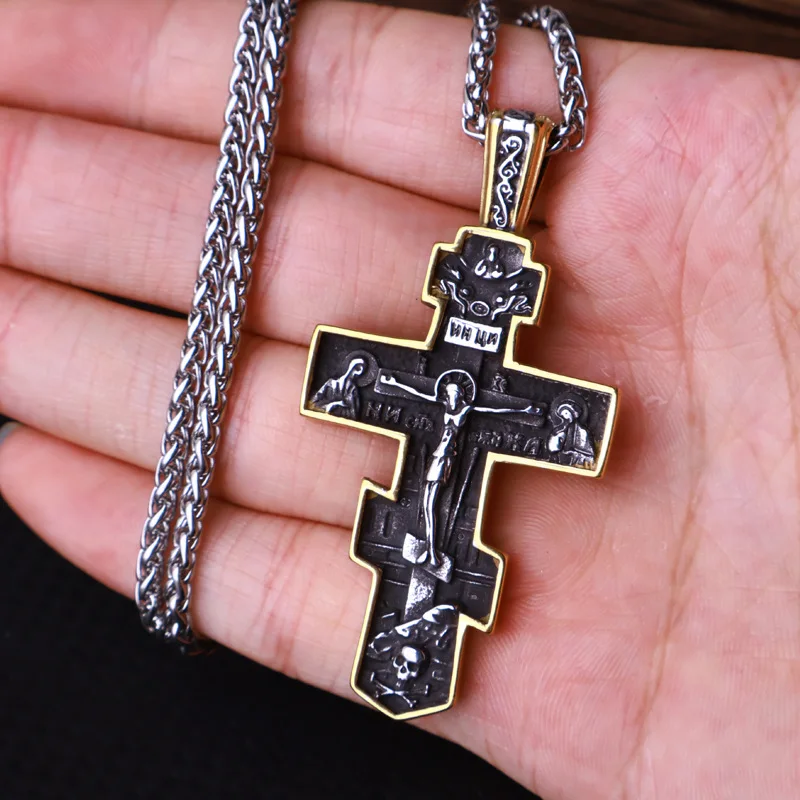 OEM PRODUCTION Orthodox Christian Stainless Steel Religious Necklace Gold Plated Crucifix Jesus Cross for Gift or Party