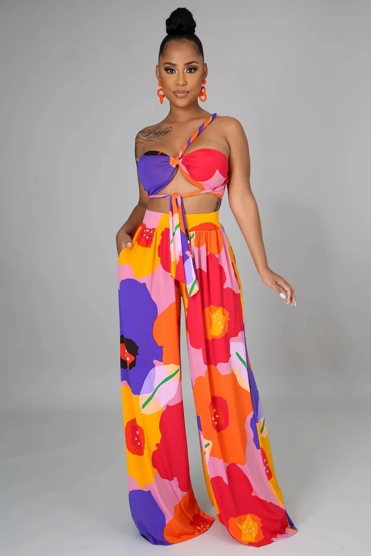 Summer Beach printed Lace-up Tube Top and Trousers Loose Pants Women Two-piece Suit