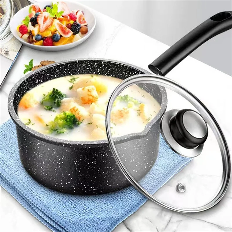 Wholesale 16cm Non Stick Granite Maifan Stone Classic Kitchen Soup Pot Black Milk Pot Sauce Pan With Glass Lid