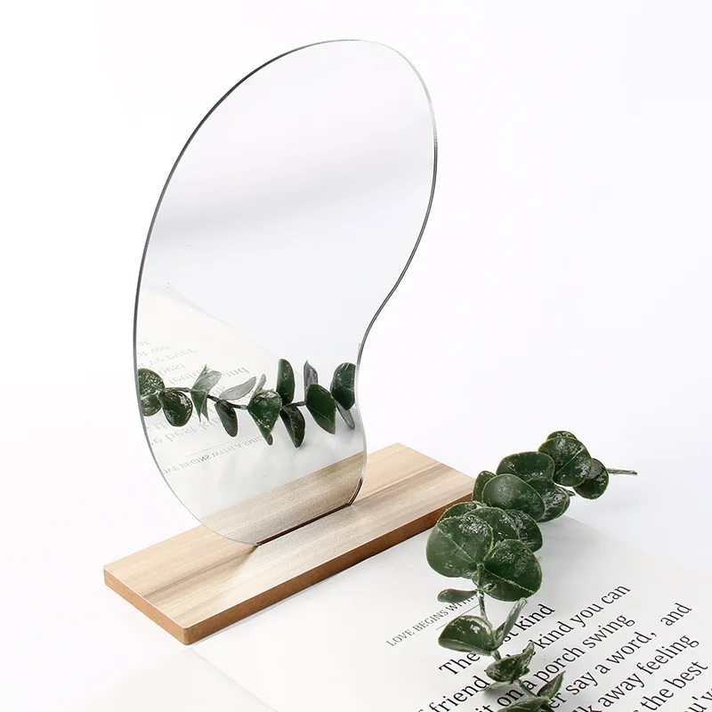 Minimal Home Decor Decorative Desk Tabletop Irregular Frameless Aesthetic Acrylic Vanity Mirror with Wood Stand for Living room