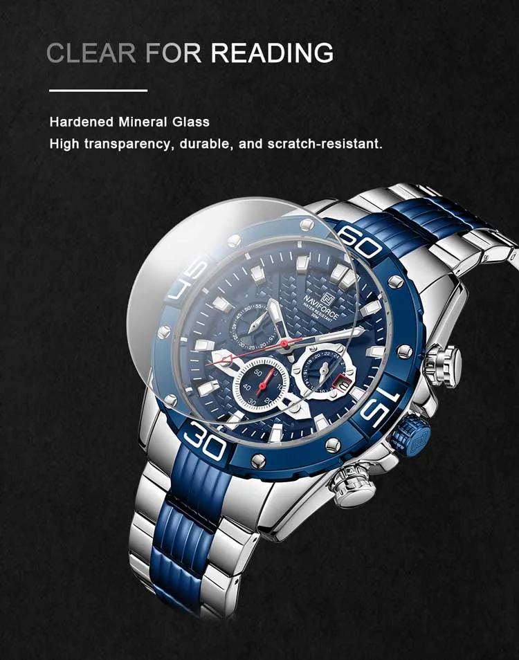 NAVIFORCE NF8019 high quality made in china men hour stylish Stainless steel  band waterproof watch character Casual wrist watch
