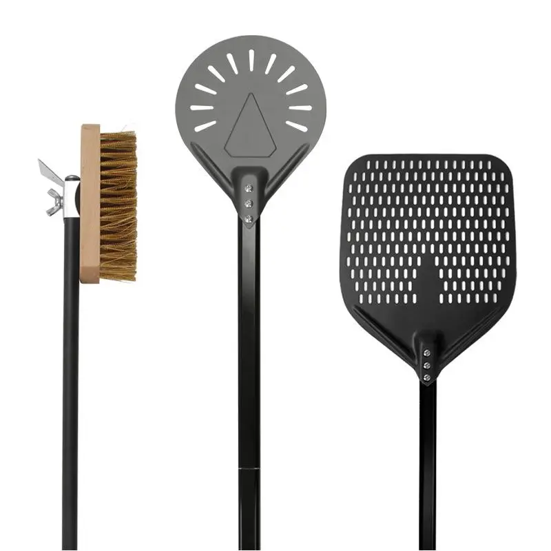 Black Hard Crust Pizza Peel Shovel Pizza Oven Brush Perforated Aluminium Alloy Pizza Tools Set of 3