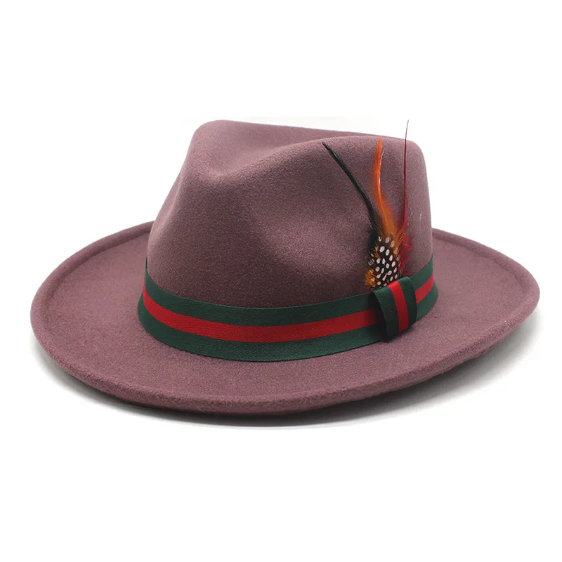 Wholesale  New Trendy Green Red Stripe Ribbon Feather Short Brim Fedora Hats for Men Fit Fashion Suits