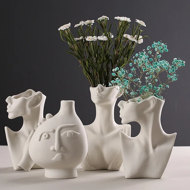 Home Decor Modern Vase Big Flower Vase Body Shape Ceramic Face White Living Room Vase