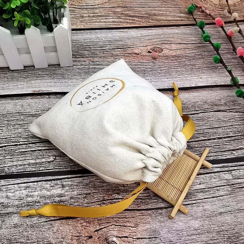 Eco promotional Ribbon customized printing  logo Calico bag organic  cotton canvas bag with drawstring for bottle