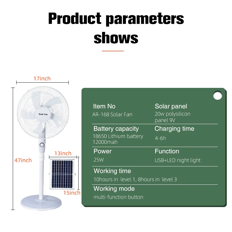 solar fan rechargeable With solar panel Output USB LED light battery remote control