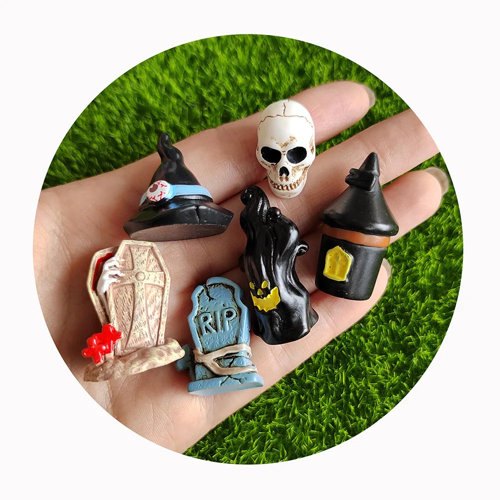Halloween Resin Ghost Pumpkin Skull Tombstone Miniature Figurines Cute Cabochons Scrapbook Craft DIY Doll House Accessories