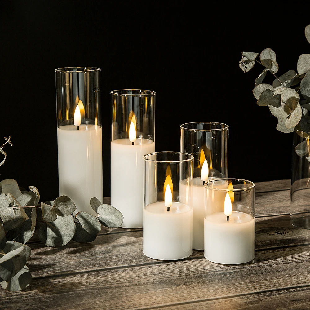 Set of 5 home decoration pillar white glass warm light remote flickering led candle