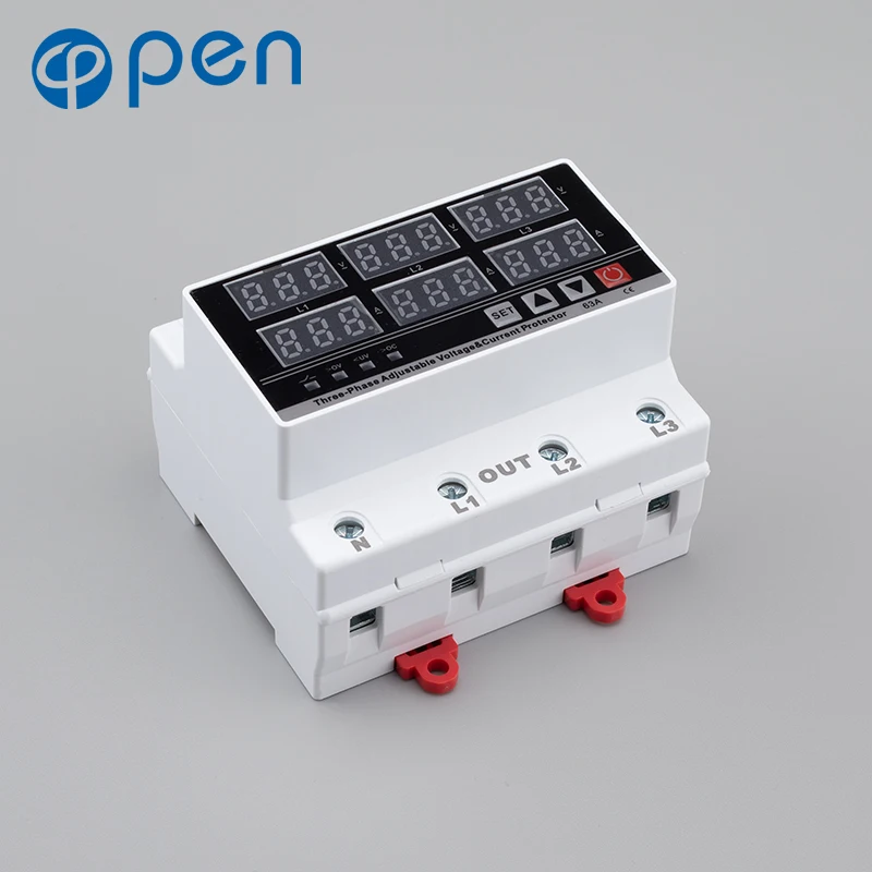Open Electric 63A 220V400V AC Din rail three phases adjustable digital over voltage and under voltage protector