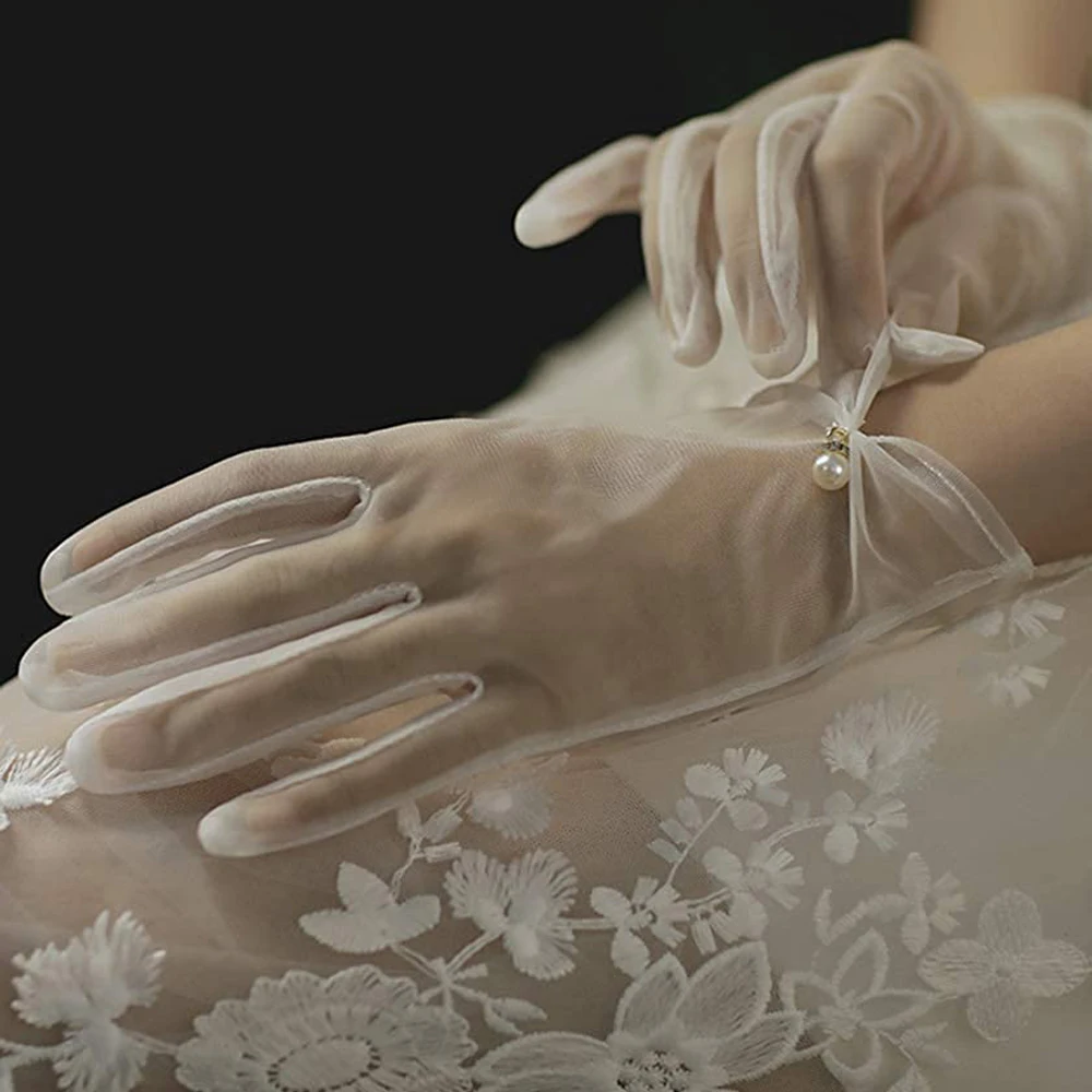 Women Lace Bridal Bride Short Gloves Wrist Length Wedding Party Costume Prom Evening Short Tulle Gloves