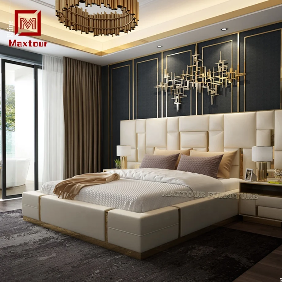 Italian Luxury Solid Wood King Size Bed With Night Stand White Master Bed Room Soft Home Bedroom Furniture Set