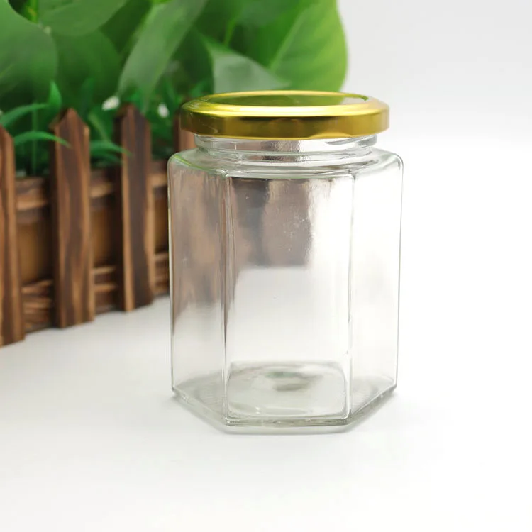 45ml 60ml 100ml 180ml 280ml 380ml 500ml 730ml Fancy hexagon food grade honey jar gold lid sealed glass storage jar