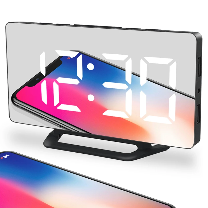 LED Digital Alarm Clock Watch Mirror Table Electronic Desktop Clocks USB Wake Up Time Snooze Function 3 Alarm