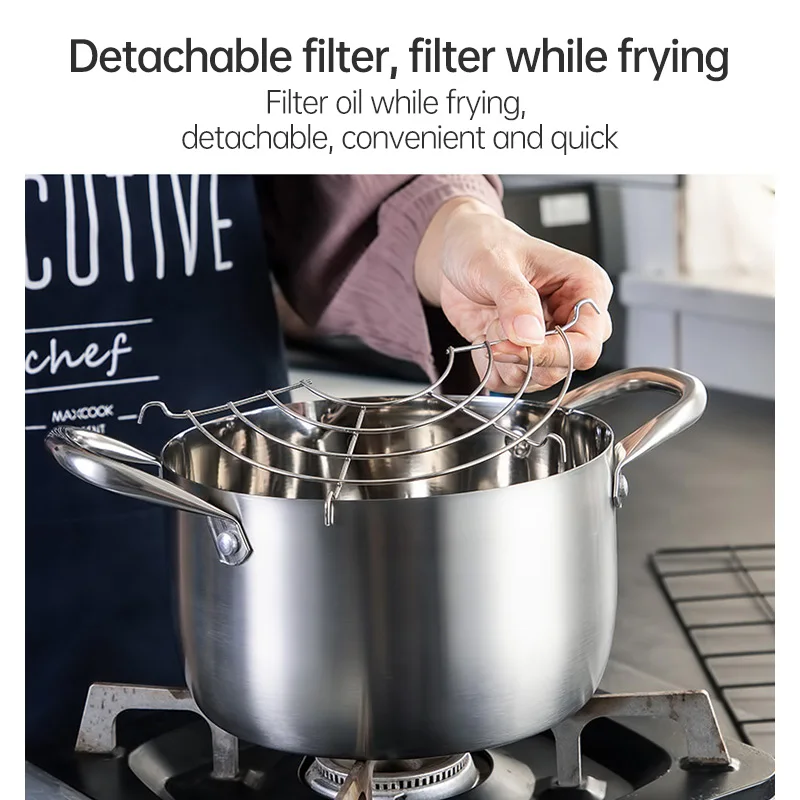 Multi function Japanese Style Mini Deep Oil Frying Pan Stainless Steel Tempura Fryer Pot with Drainer