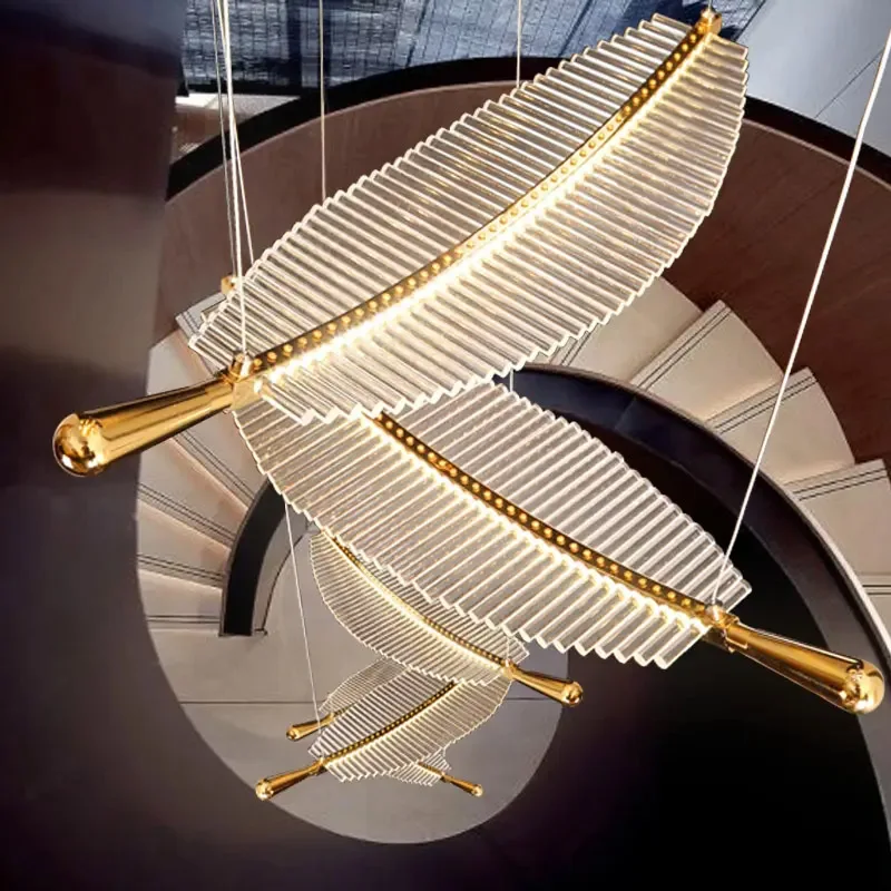 Creative Modern Feather Glass Large Pendant Lamp Staircase Led Chandelier Home Hotel Interior Acrylic Golden Nordic Light