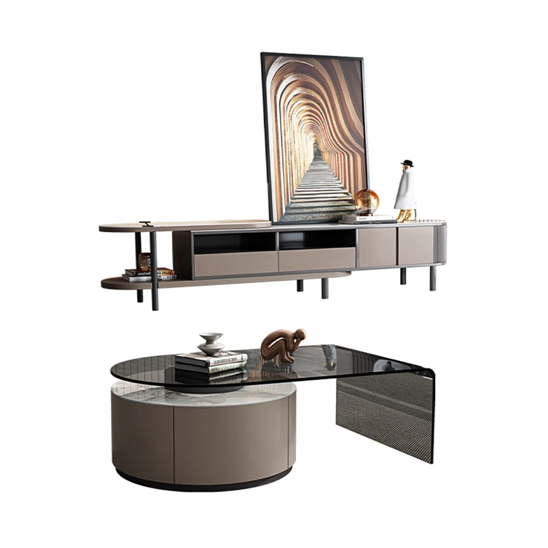 Modern Minimalist Rock Panel + Glass Coffee Table Retractable Storage Tv Cabinet Combination