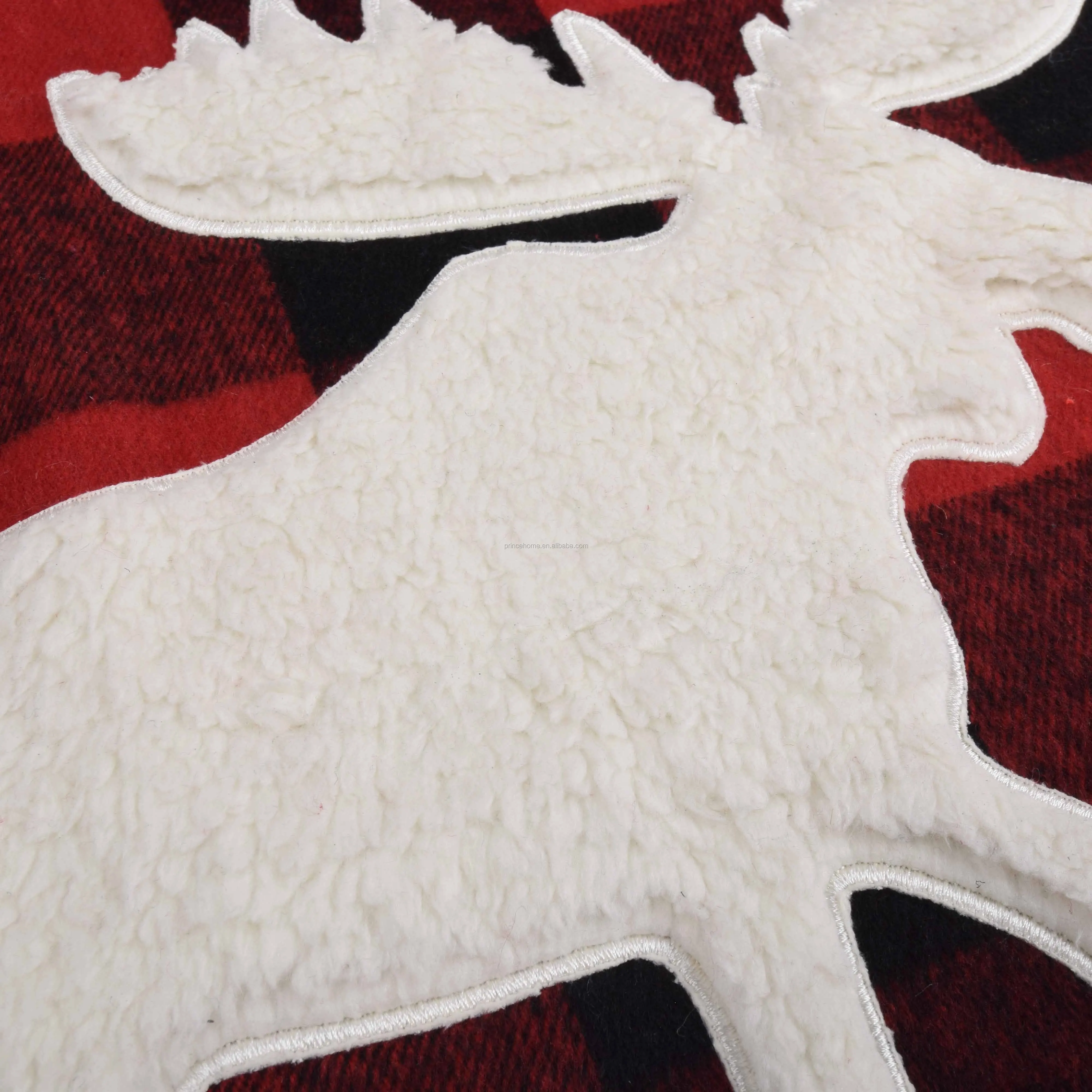 Red and Black Plaid with Sherpa Reindeer Applique Embroidery Christmas Tree Skirt 48'