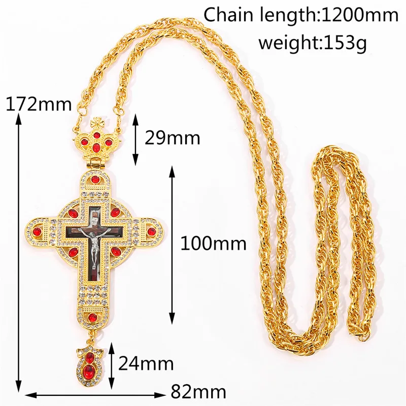 European Greek Russia Style Orthodox Religious Cover Chain Shinny Jesus Crystal Men Women Pectoral Cross Necklace with Box