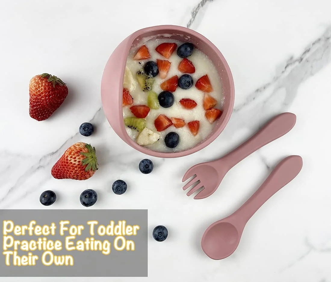 Amazon Supply Factory Sustainable Cute Silicone Feeding Set Waterproof Reusable Baby Bibs Suction Bowl Spoon For