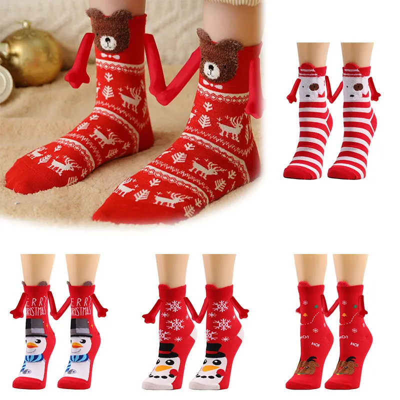 Autumn Winter Knit Snowflake Snowman Reindeer Magnetic Holding Hands Christmas Socks